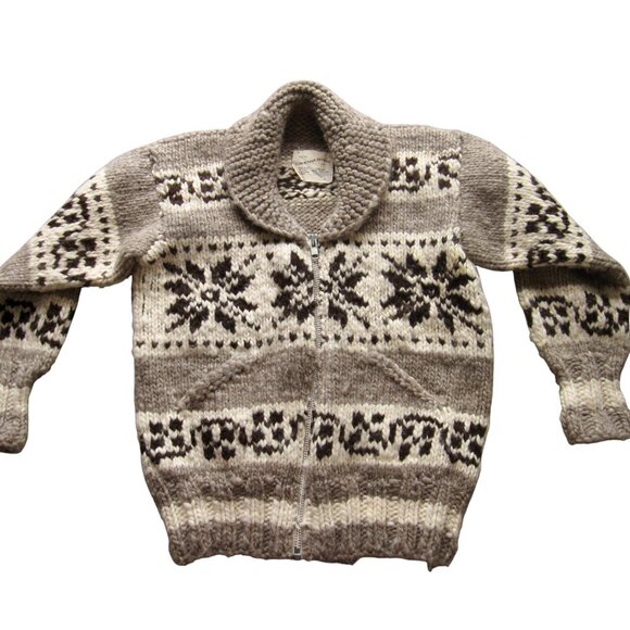 Vintage 80s Genuine Cowichan Indian Knit Cardigan Snowflake Sweater Wool Sz S-M - Picture 2 of 8